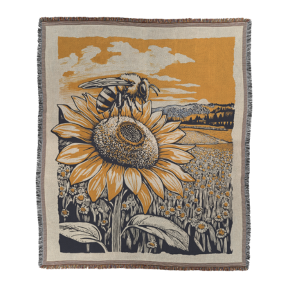 Bee on Sunflower Woven Blanket – Linocut Style Nature-Inspired Throw & Wall Decor - Image 2