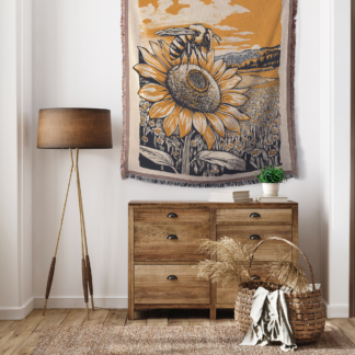 Bee on Sunflower Woven Blanket – Linocut Style Nature-Inspired Throw & Wall Decor