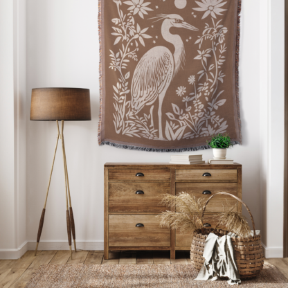 Blue Heron Woven Blanket – Linocut Style Nature-Inspired Throw or Wall Hanging Decor - Image 4