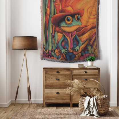 Cowboy Frog Woven Blanket – Impressionist Style Throw or Wall Hanging Decor - Image 4