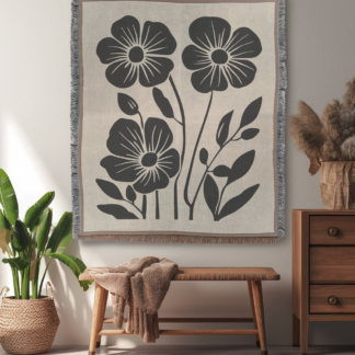 Bold Boho Flowers Woven Blanket – Cream Background, Nature-Inspired Throw or Wall Hanging Decor
