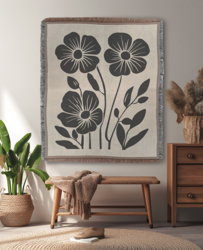 Bold Boho Flowers Woven Blanket – Cream Background, Nature-Inspired Throw or Wall Hanging Decor