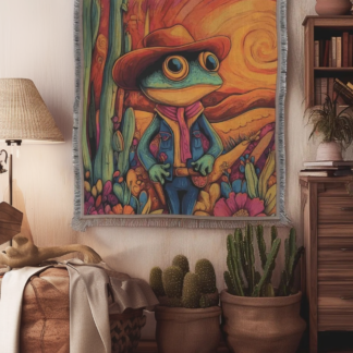 Cowboy Frog Woven Blanket – Impressionist Style Throw or Wall Hanging Decor