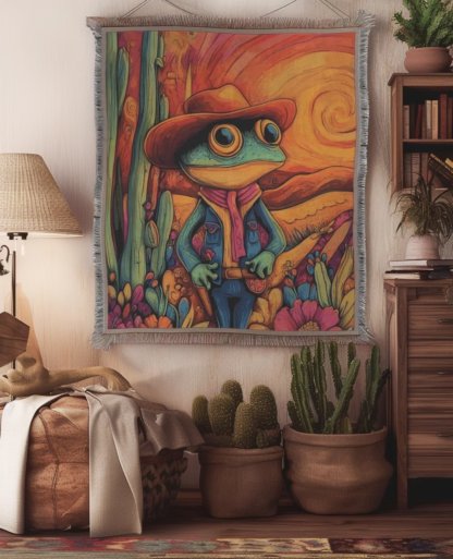 Cowboy Frog Woven Blanket – Impressionist Style Throw or Wall Hanging Decor