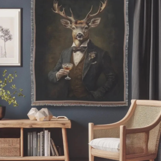 Victorian Stag with cocktail Woven Blanket – Elegant Inspired Throw or Wall hanging