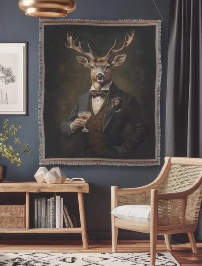 Victorian Stag with cocktail Woven Blanket – Elegant Inspired Throw or Wall hanging