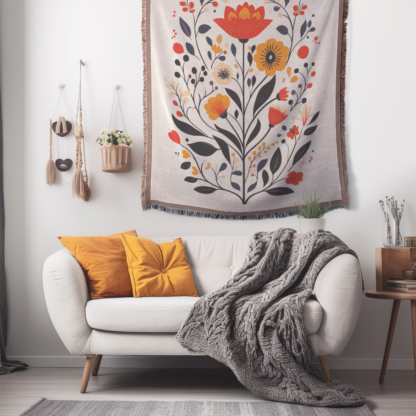 Floral Folk Art Woven Blanket – Nature-Inspired Throw or Wall Hanging Decor