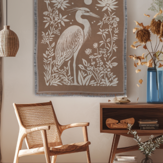 Blue Heron Woven Blanket – Linocut Style Nature-Inspired Throw or Wall Hanging Decor