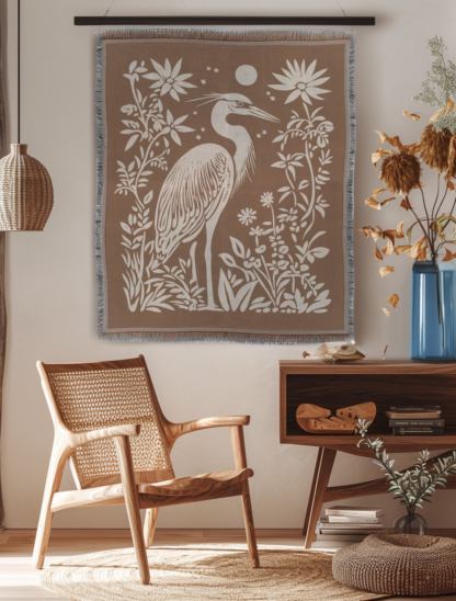 Blue Heron Woven Blanket – Linocut Style Nature-Inspired Throw or Wall Hanging Decor