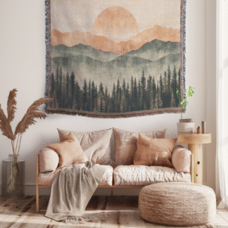 Mountain Landscape Woven Blanket – Soft Pastel Throw Blanket and Wall Hanging Decor