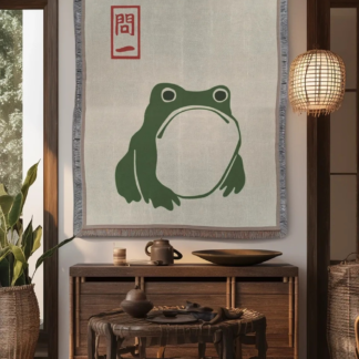 Japanese Frog Woven Blanket – Matsumoto Hoji Style Nature-Inspired Throw or Wall Hanging Decor