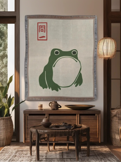 Japanese Frog Woven Blanket – Matsumoto Hoji Style Nature-Inspired Throw or Wall Hanging Decor
