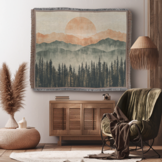 Mountain Landscape Woven Blanket – Soft Pastel Throw Blanket and Wall Hanging Decor