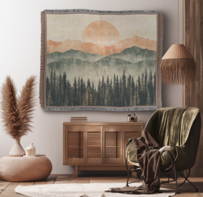 Mountain Landscape Woven Blanket – Soft Pastel Throw Blanket and Wall Hanging Decor