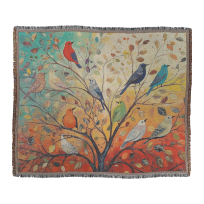 Colorful Birds on Tree Woven Blanket – Vibrant Nature-Inspired Throw or Wall Hanging Decor - Image 2