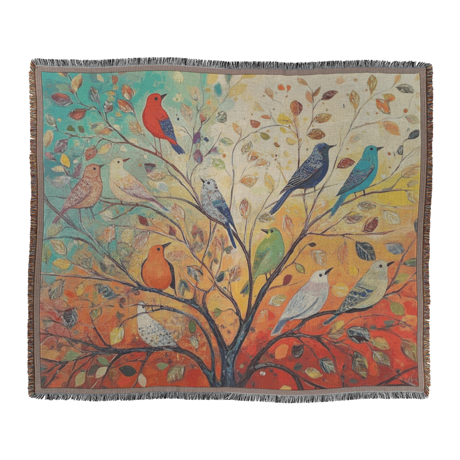 Colorful Birds on Tree Woven Blanket – Vibrant Nature-Inspired Throw or Wall Hanging Decor - Image 2