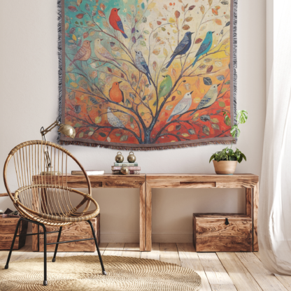Colorful Birds on Tree Woven Blanket – Vibrant Nature-Inspired Throw or Wall Hanging Decor - Image 4