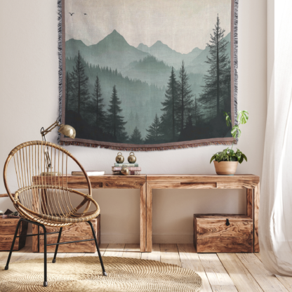Sage Green Mountain Landscape Woven Blanket – Tranquil Nature-Inspired Throw or Wall hanging Decor - Image 4