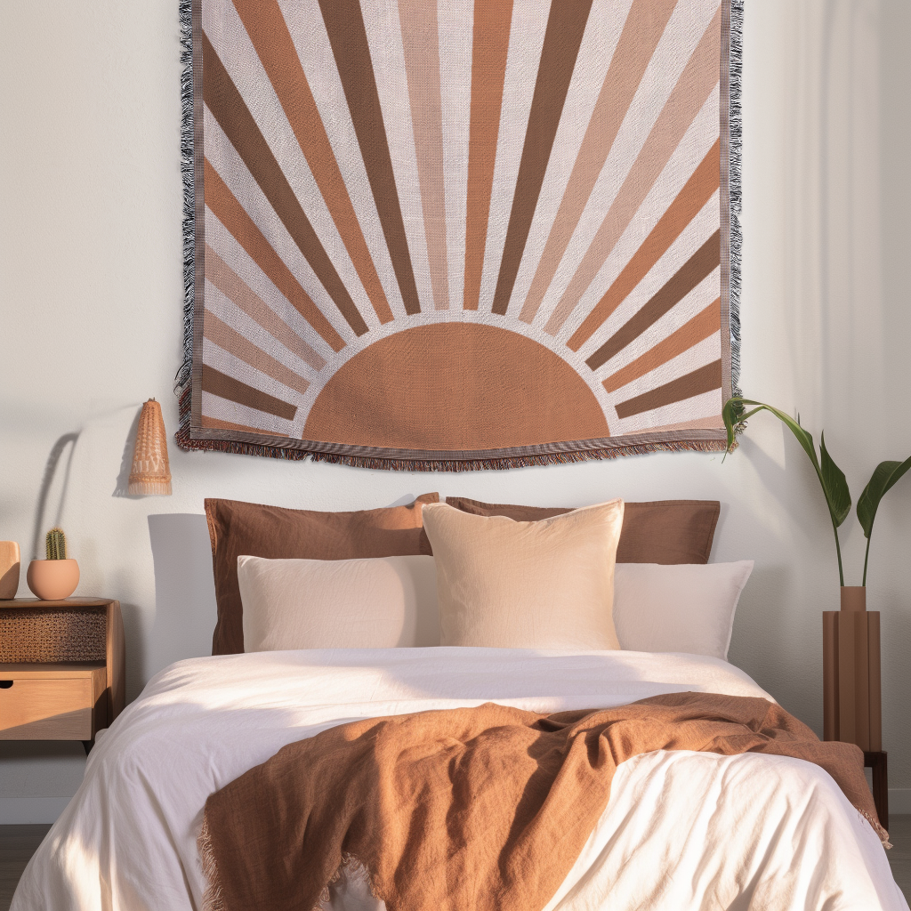 Boho Retro Sunrise Woven Blanket – Terracotta Palette Nature-Inspired Throw or wall hanging decor