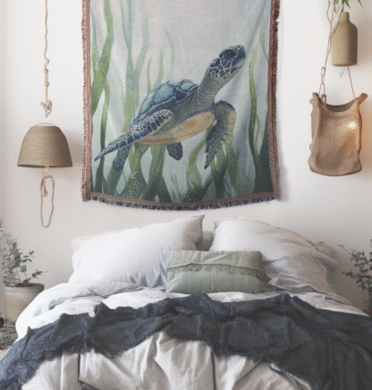 Sea Turtle Underwater Woven Blanket – Ocean-Inspired throw or wall hanging decor