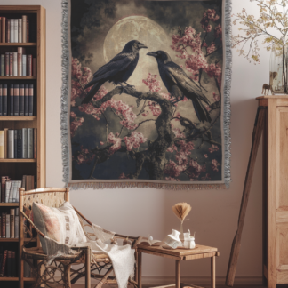Crows Under Moonlight Woven Blanket – Mystical Night-Inspired Throw or Wall hanging Decor
