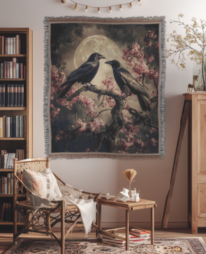 Crows Under Moonlight Woven Blanket – Mystical Night-Inspired Throw or Wall hanging Decor