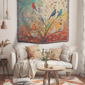 Colorful Birds on Tree Woven Blanket – Vibrant Nature-Inspired Throw or Wall Hanging Decor