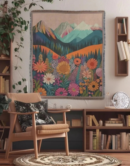 Colorful Mountain Landscape Woven Blanket – Vibrant Nature-Inspired Throw or Wall Hanging Decor