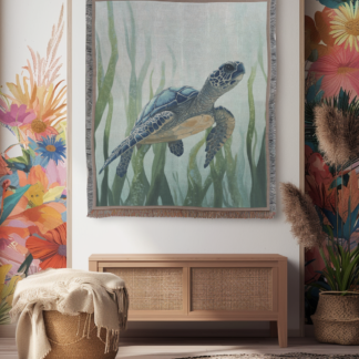 Sea Turtle Underwater Woven Blanket – Ocean-Inspired throw or wall hanging decor