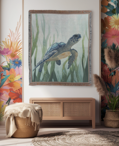 Sea Turtle Underwater Woven Blanket – Ocean-Inspired throw or wall hanging decor