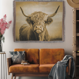Highland Cow Woven Blanket – Rustic Farmhouse-Inspired Throw or Wall Hanging Decor