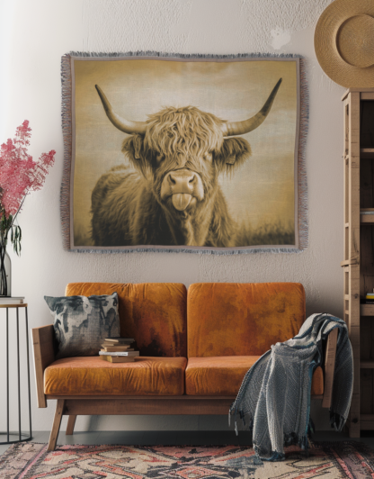 Highland Cow Woven Blanket – Rustic Farmhouse-Inspired Throw or Wall Hanging Decor