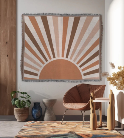Boho Retro Sunrise Woven Blanket – Terracotta Palette Nature-Inspired Throw or wall hanging decor