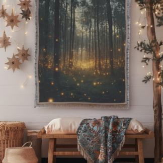 Enchanted Forest Firefly Woven Blanket – Mystical Nature-Inspired Throw or wall hanging Decor
