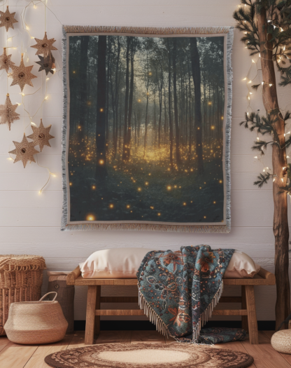Enchanted Forest Firefly Woven Blanket – Mystical Nature-Inspired Throw or wall hanging Decor