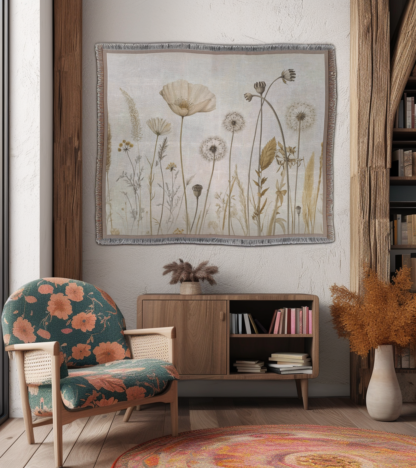 Neutral Floral Woven Blanket – Elegant Minimalist Throw or Wall hanging tapestry decor