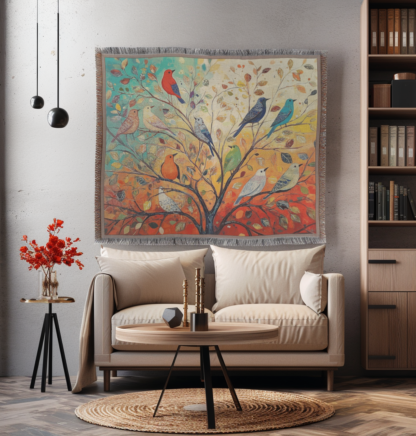 Colorful Birds on Tree Woven Blanket – Vibrant Nature-Inspired Throw or Wall Hanging Decor