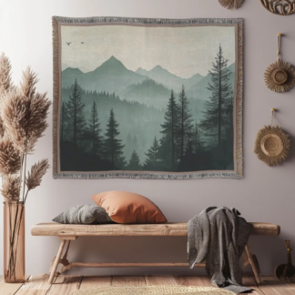 Sage Green Mountain Landscape Woven Blanket – Tranquil Nature-Inspired Throw or Wall hanging Decor