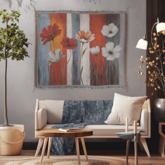 Red and white flowers Woven Blanket – Nature-Inspired Botanical Throw or wall hanging decor