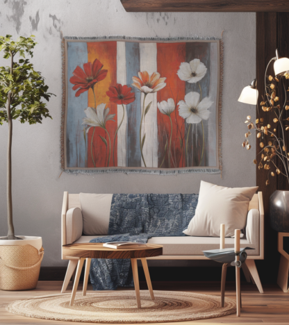 Red and white flowers Woven Blanket – Nature-Inspired Botanical Throw or wall hanging decor
