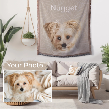 Custom Woven Blanket with digital pet portrait – Personalized Dog or Cat Portrait from Your Photo