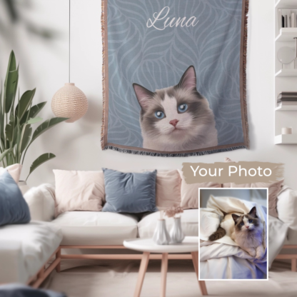 Custom Woven Blanket with digital pet portrait – Personalized Dog or Cat Portrait from Your Photo - Image 3