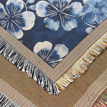 Indigo Shibori Flowers Woven Blanket – Japanese-Inspired Floral Throw or Wall Hanging Textile Decor - Image 6