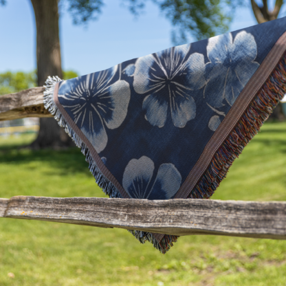 Indigo Shibori Flowers Woven Blanket – Japanese-Inspired Floral Throw or Wall Hanging Textile Decor - Image 4