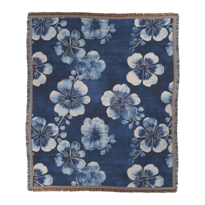Indigo Shibori Flowers Woven Blanket – Japanese-Inspired Floral Throw or Wall Hanging Textile Decor - Image 2