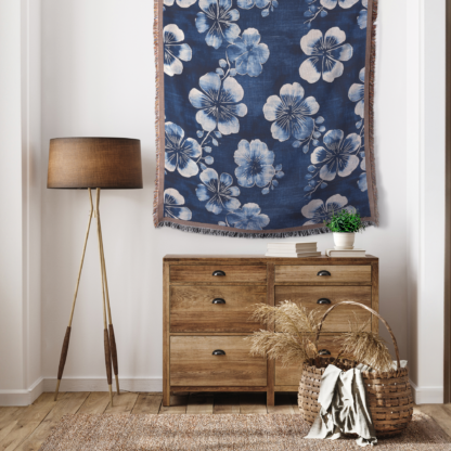 Indigo Shibori Flowers Woven Blanket – Japanese-Inspired Floral Throw or Wall Hanging Textile Decor - Image 3