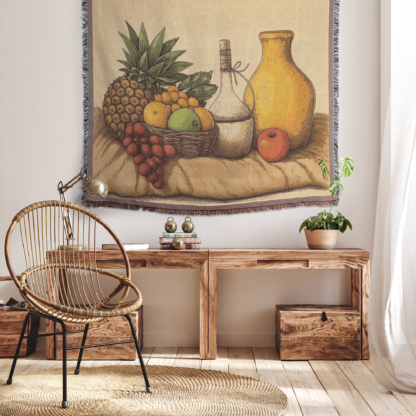 Dining room and kitchen tapestry, woven blanket throw or wall hanging with still life in rustic style vintage Farmhouse - Image 3