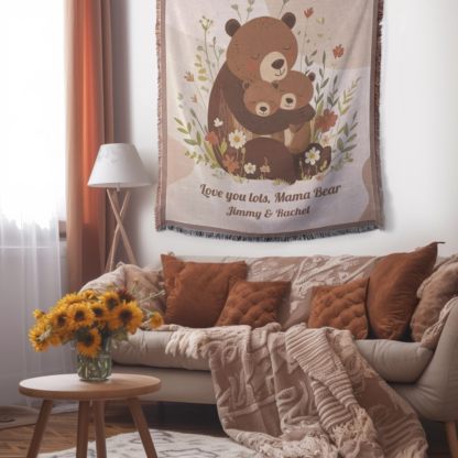 Personalized Mama Bear Woven Blanket – Custom Gift for Mom from Kids – Mother’s Day or Birthday Throw or wall hanging decor