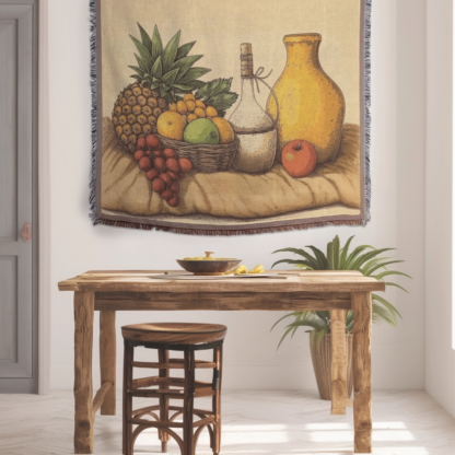 Dining room and kitchen tapestry, woven blanket throw or wall hanging with still life in rustic style vintage Farmhouse