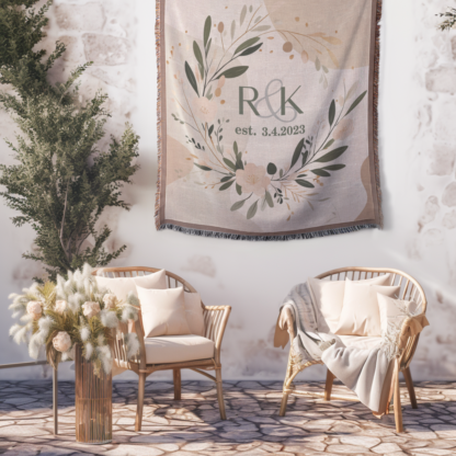 Personalized Woven Anniversary Blanket – Custom Throw or wall hanging with Names, Initials and date Gift for Wife or Couple